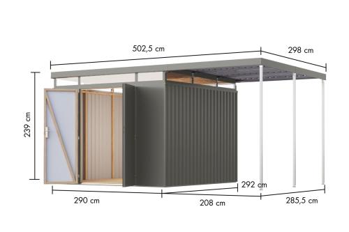 plechový domek KARIBU AURUM 3,5 + přístavek 200 cm (53693) šedý