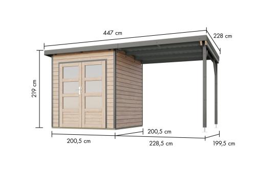 hybridní domek KARIBU PLUTO 1 (48288) natur / šedý + 233 cm přístavek