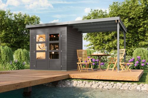 hybridní domek KARIBU PLUTO 1 (48322) terragrau / šedý + 233 cm přístavek