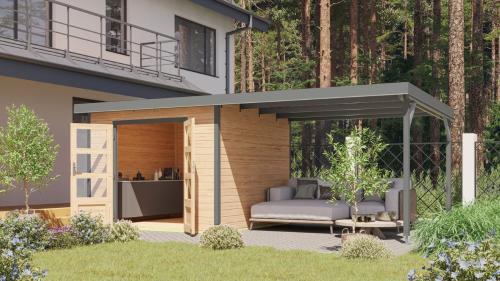 hybridní domek KARIBU PLUTO 6 (12435) natur / šedý + 300 cm přístavek