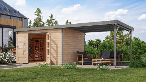 hybridní domek KARIBU PLUTO 7 (12452) natur / šedý + 307 cm přístavek