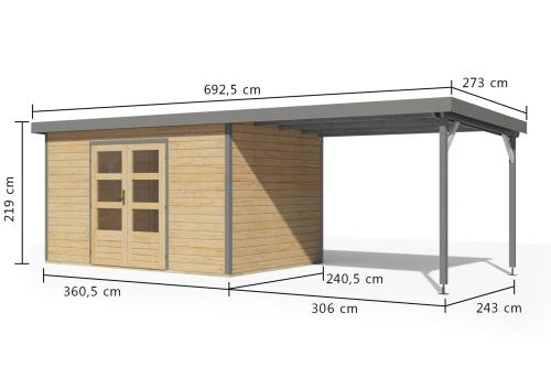 hybridní domek KARIBU PLUTO 7 (12452) natur / šedý + 307 cm přístavek