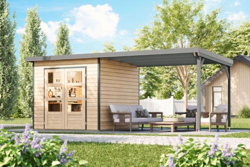 hybridní domek KARIBU PLUTO 3 (50524) natur / šedý + 300 cm přístavek