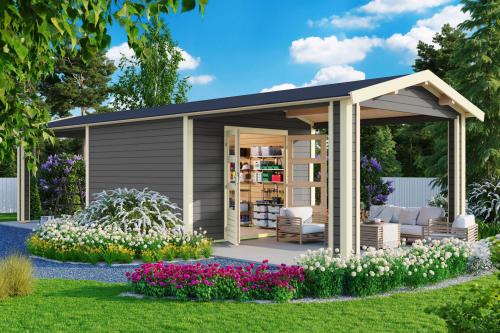 dřevěný domek KARIBU THERES 7 vč. dvou přístavků (31461) terragrau