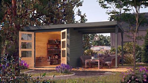 hybridní domek KARIBU JUPITER 4B (12389) terragrau / antracit + přístavek 219 cm