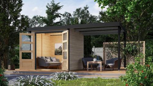 hybridní domek KARIBU JUPITER 4D (12402) světle šedý / antracit + přístavek 219 cm